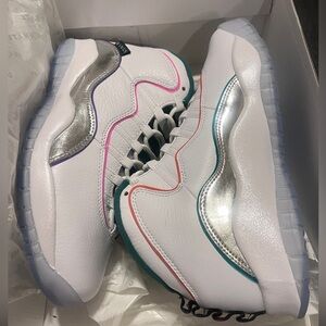 Special Edition Jordans — White Sneakers with Silver and Multicolor Accents